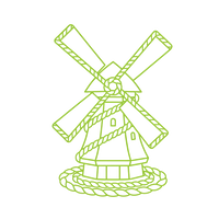 Stylized line art icon, a traditional Dutch windmill where the structure, sails, or key architectural elements are clearly formed from intertwined rope or braided patterns. Combine the iconic windmill shape with maritime rope aesthetics. Geometric, modern, functional illustration.